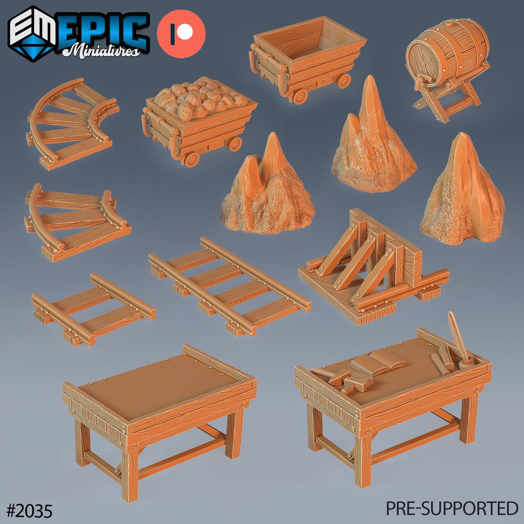 Dwarf Mine Carts and Tracks Scatter – Rails, Ore Wagons, Tables, and Terrain