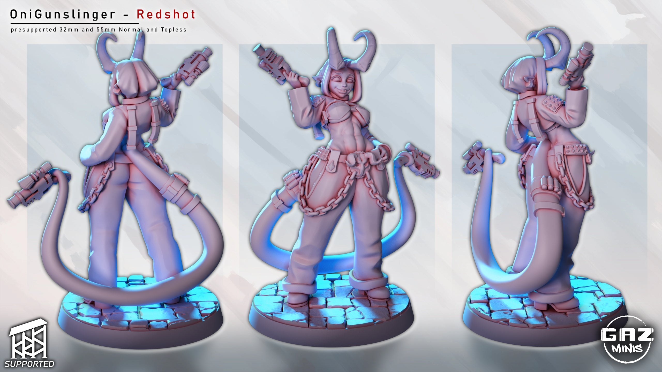 Redshot - Oni Gunslinger Miniature – Tiefling with Pistols (32mm & 55mm, SFW/NSFW)