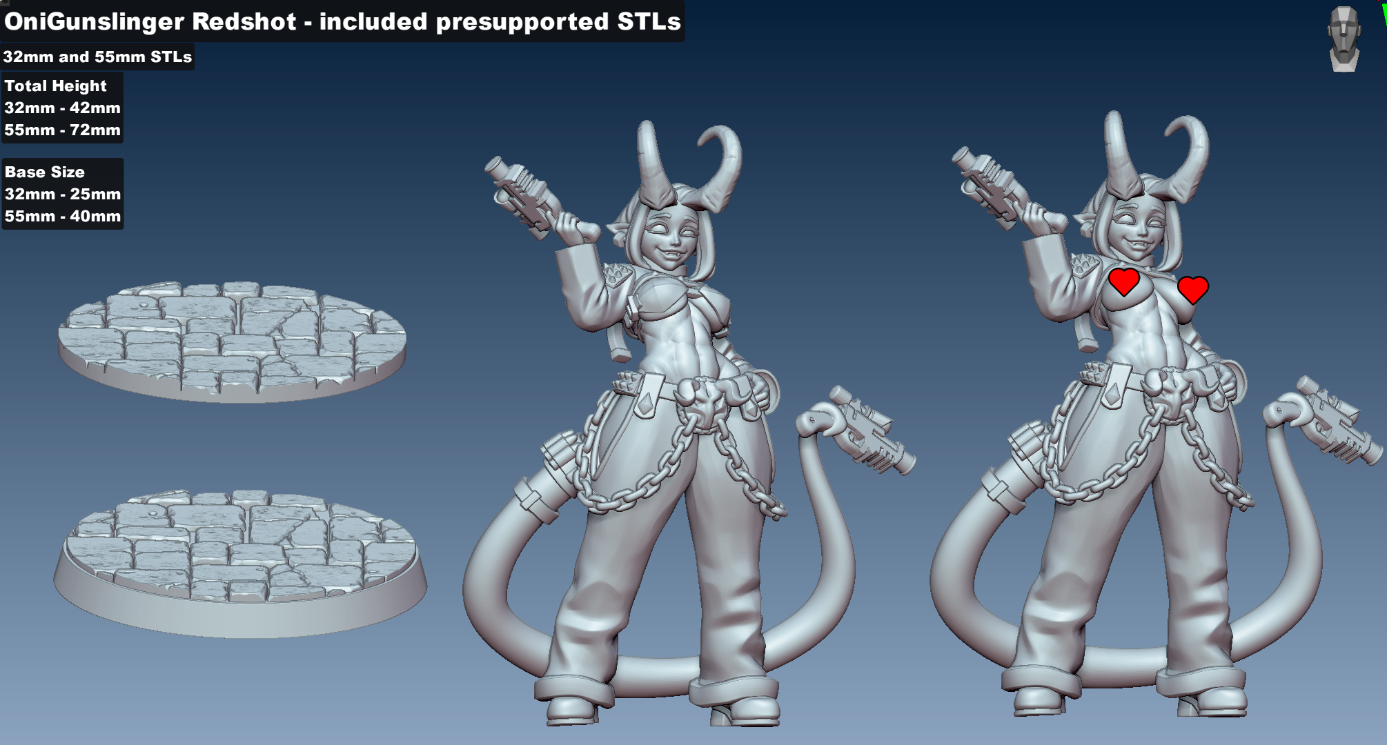 Redshot - Oni Gunslinger Miniature – Tiefling with Pistols (32mm & 55mm, SFW/NSFW)