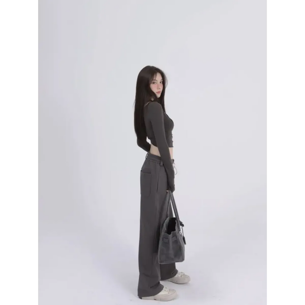 Aesthetic Halter Two-Piece Set - Harajuku Long Sleeve Tee