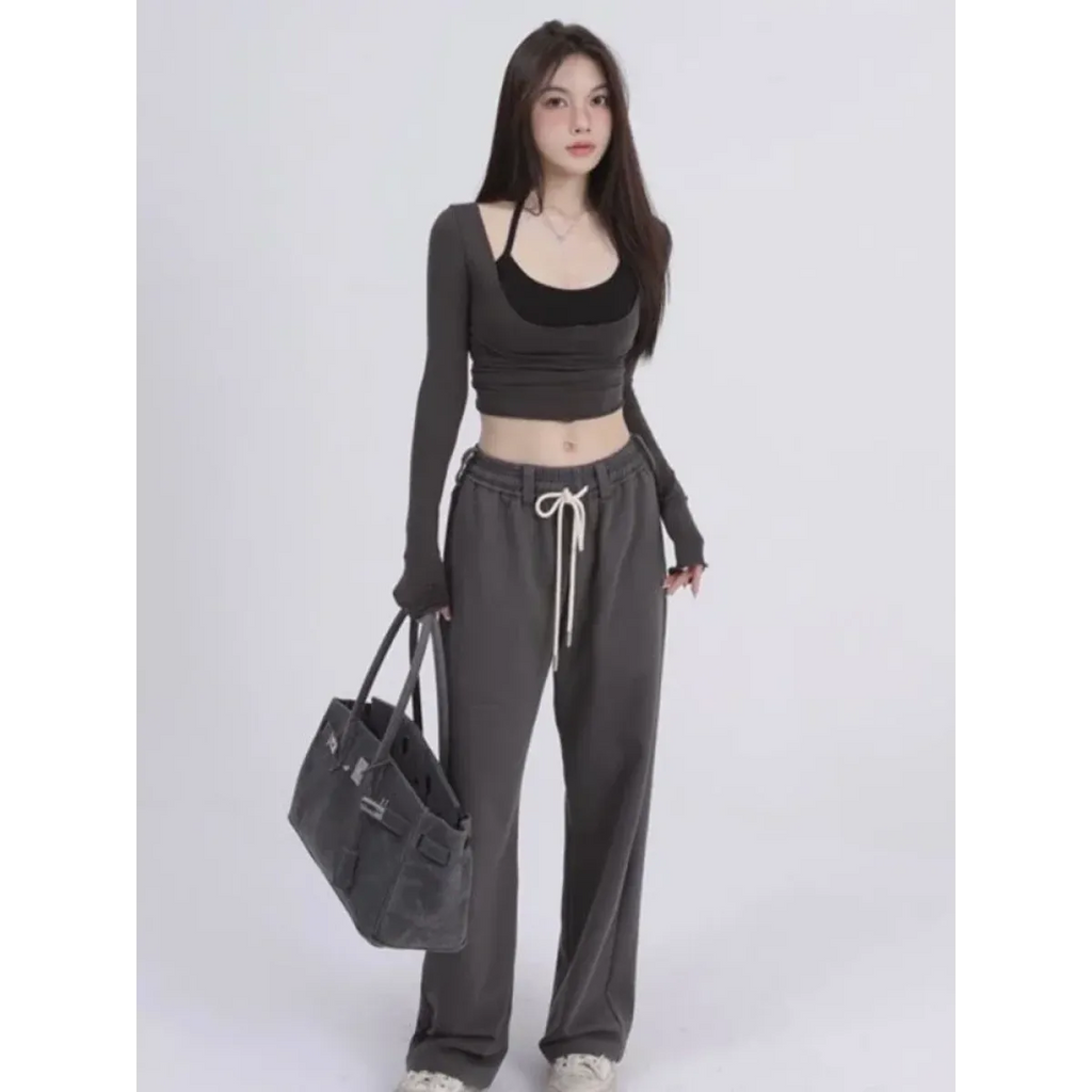 Aesthetic Halter Two-Piece Set - Harajuku Long Sleeve Tee