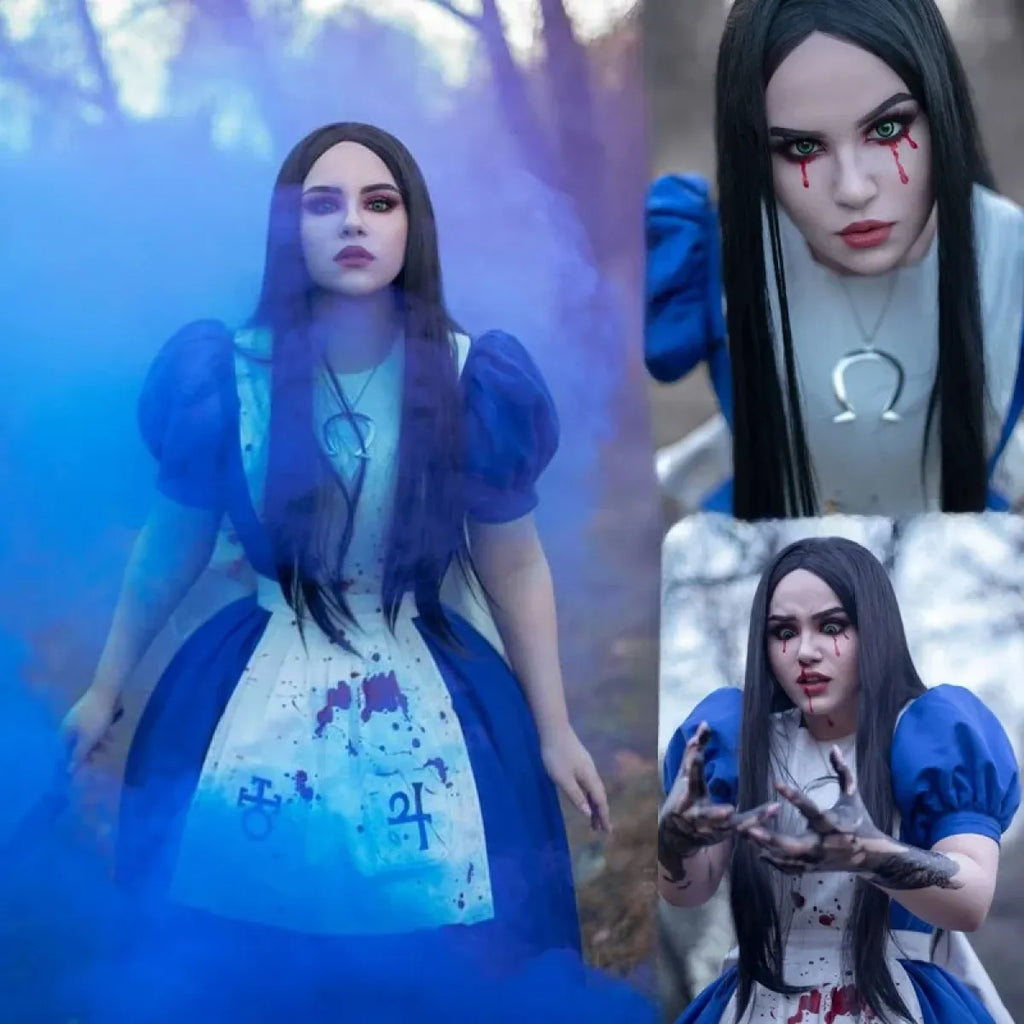 Madness Returns Alice Cosplay Costume Dress with Apron and Wig for Women