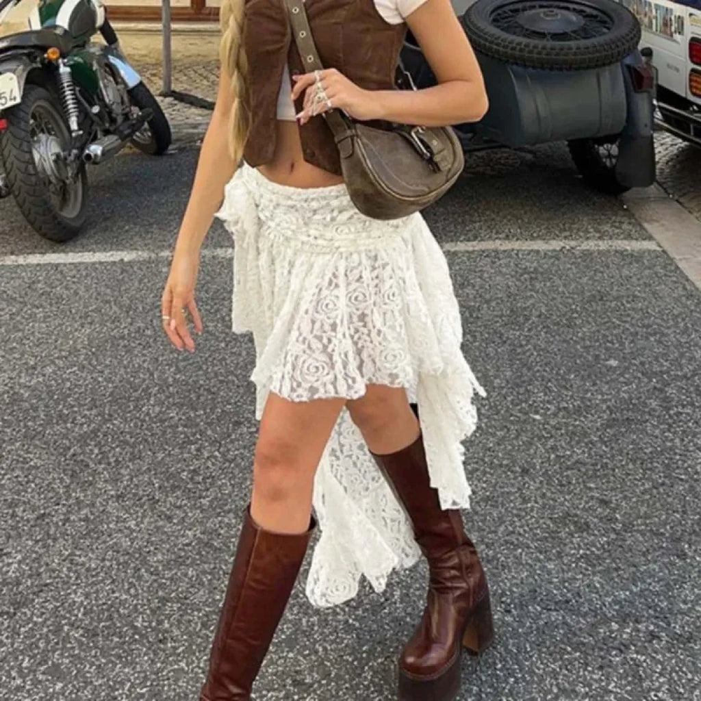 White Asymmetrical Lace Skirt – Fairycore Boho Irregular Skirt