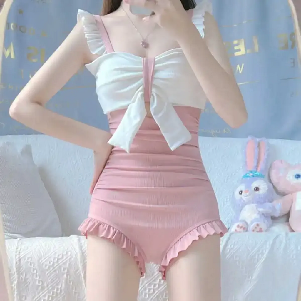Bow Patchwork Swimsuit – Korean Ruffle One Piece Shorts