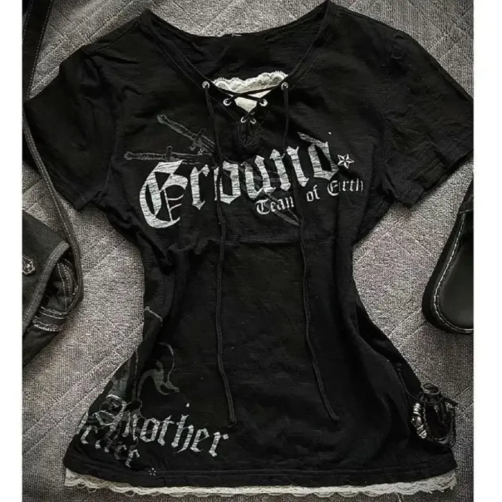 Black Lace-Up Graphic T-Shirt – Fairy Grunge Harajuku Top