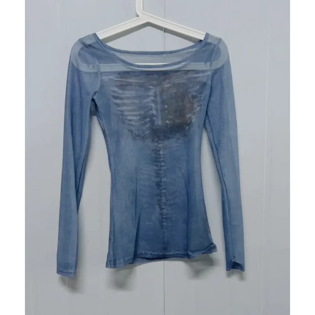 Sheer Skeleton Print Harajuku Top – Fairy Grunge Y2K Slim Fit