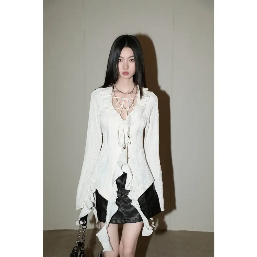 White Lace-Up Fairycore Blouse – Flare Sleeves & Ruffle Hem
