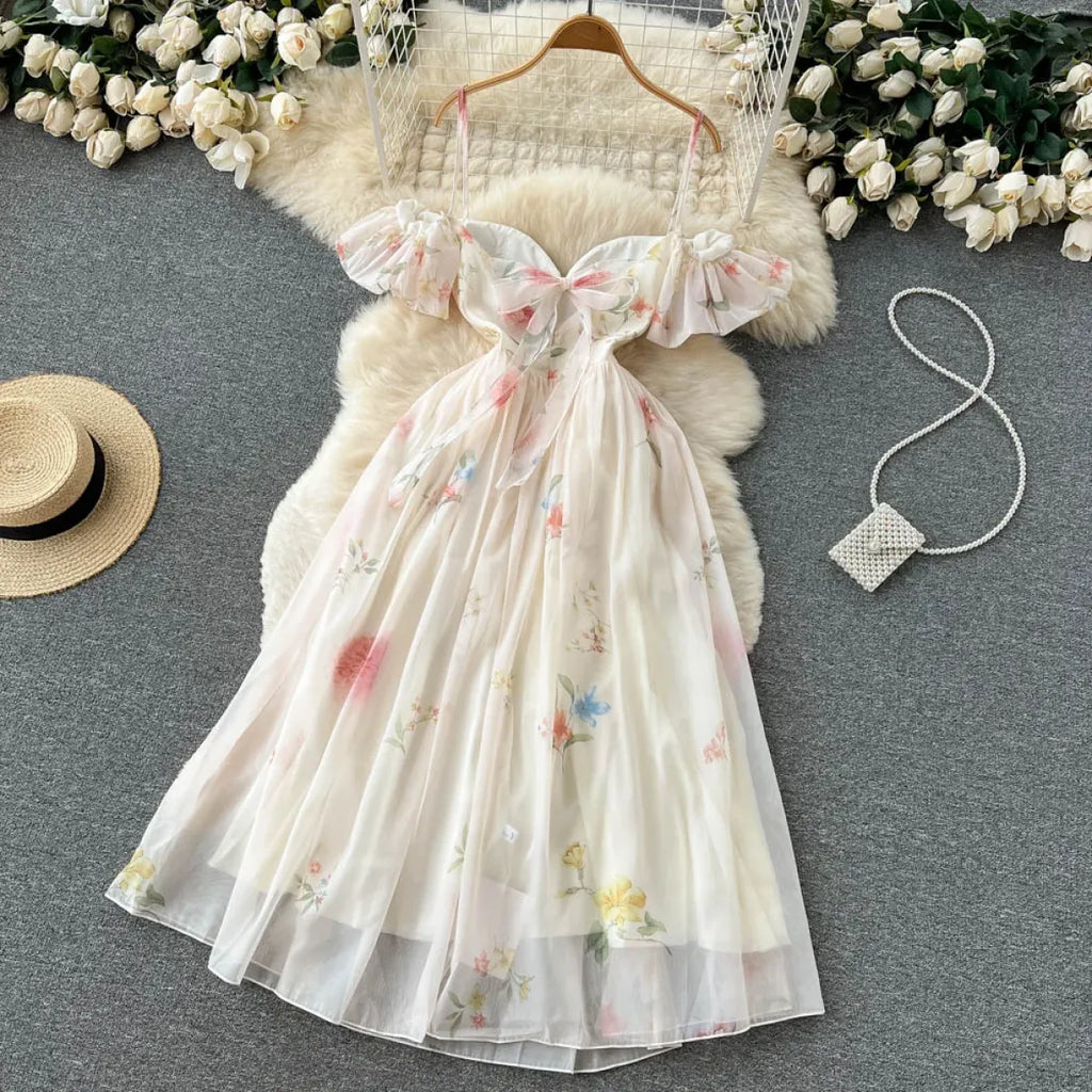 Off-Shoulder Floral Maxi Dress – Women's Summer Corset Sundress with Puff Sleeves