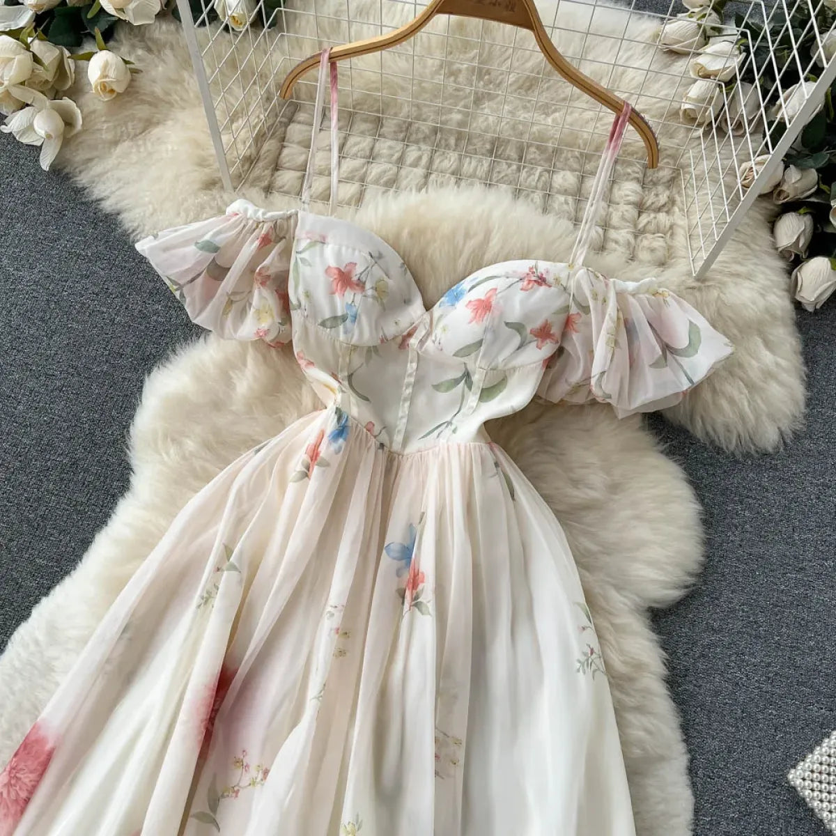 Off-Shoulder Floral Maxi Dress – Women's Summer Corset Sundress with Puff Sleeves