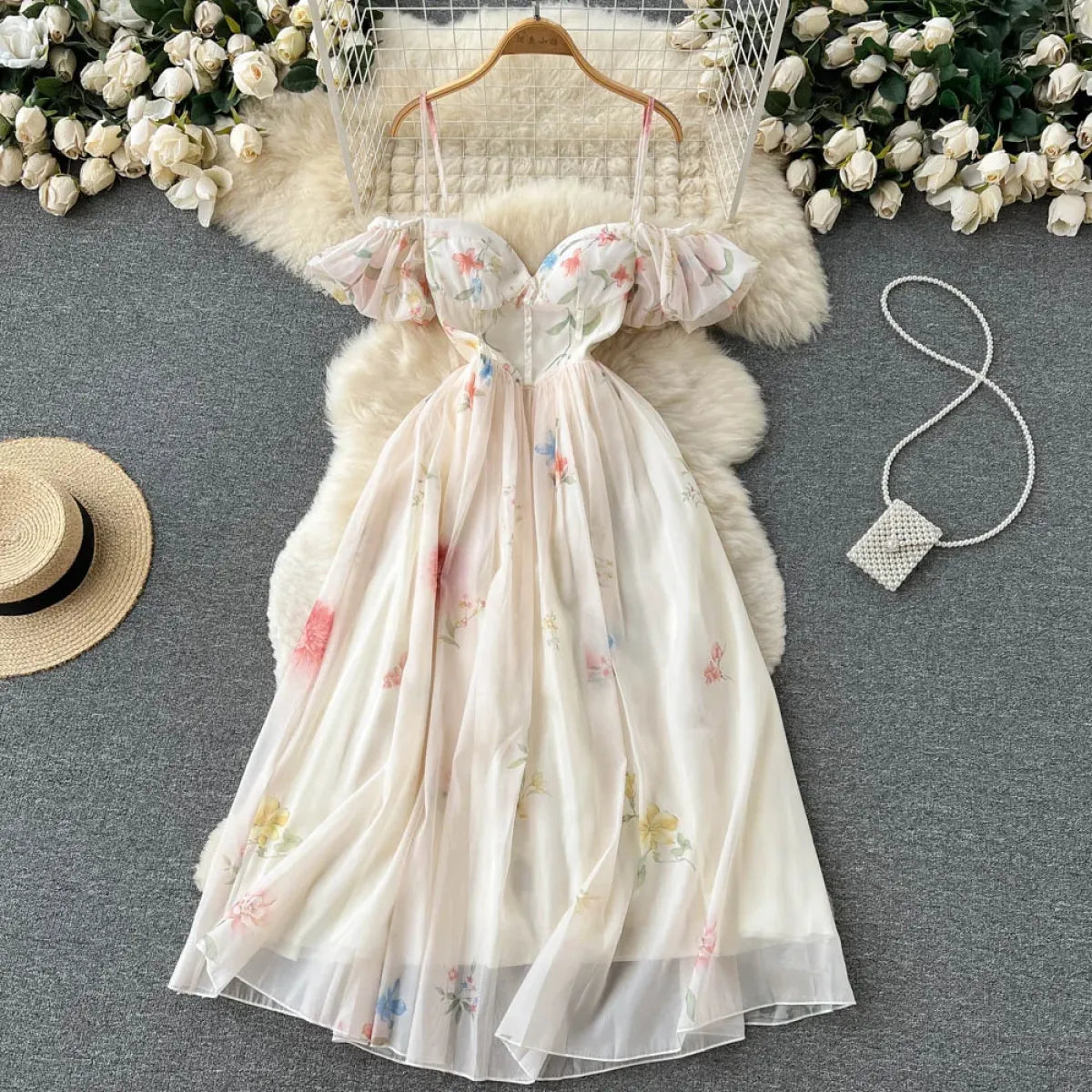 Off-Shoulder Floral Maxi Dress – Women's Summer Corset Sundress with Puff Sleeves
