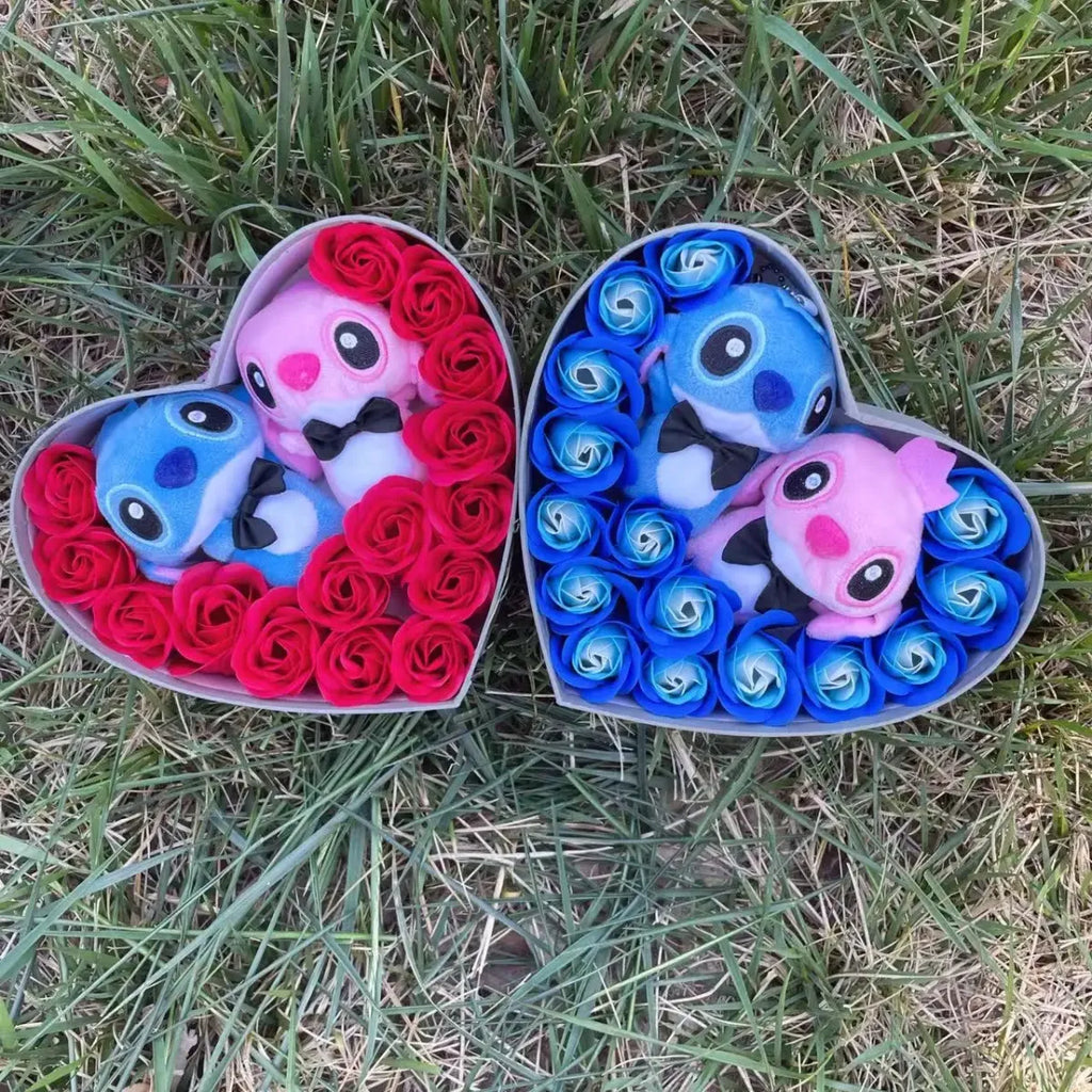 Kawaii Stitch Plush Gift Box – Heart Shaped with Roses, Valentine’s Day Gift Set