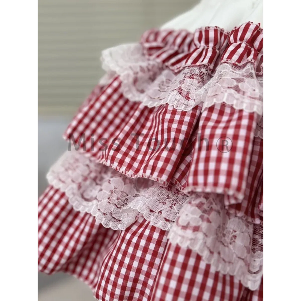 Gingham Layered Lolita Skirt – Lace Trim High Waist Kawaii
