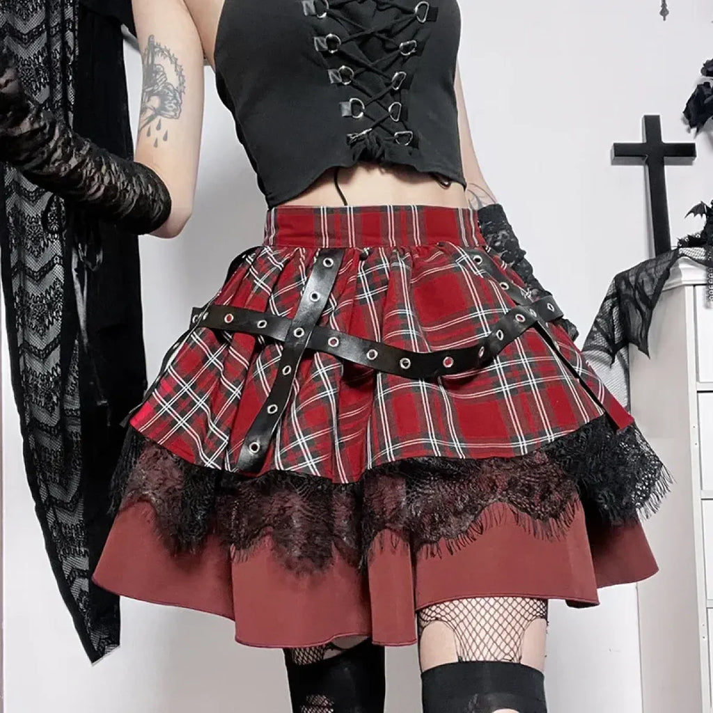 Gothic Plaid Punk Skirt – Harajuku Lace Layered Mini Skirt Cosplay