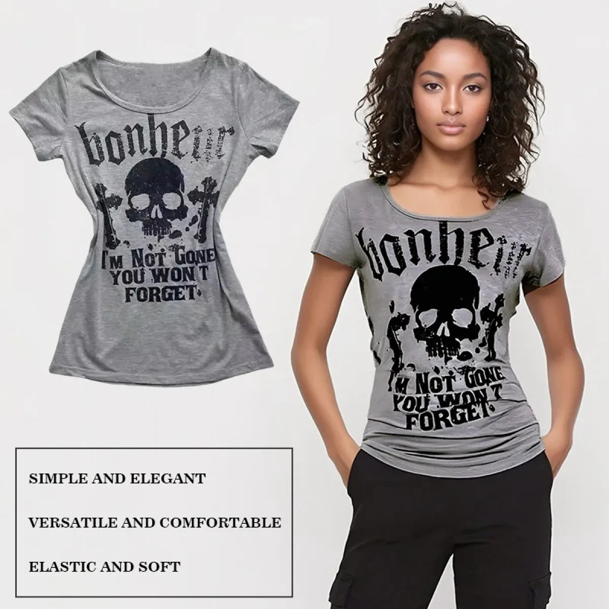 Gothic Punk Skull Print Tee – Y2K Vintage Slim Fit Top