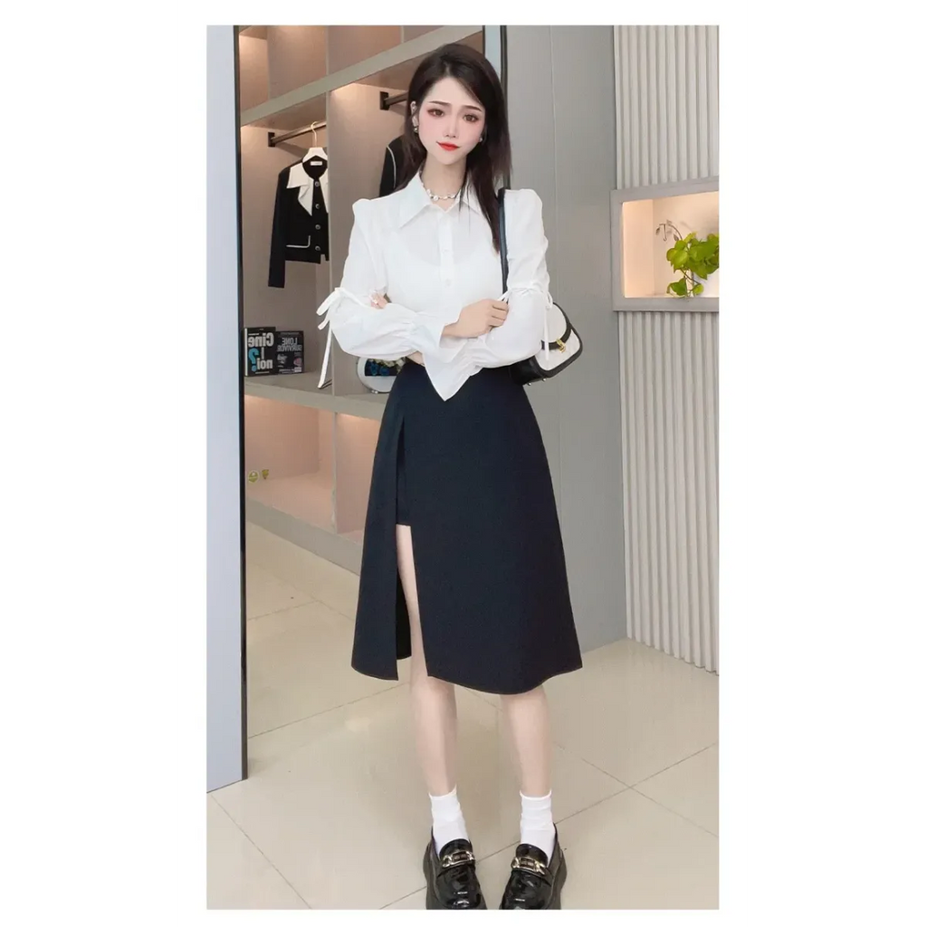 High Waist Harajuku Split Skirt – A-Line Irregular Mid-Length Skirt