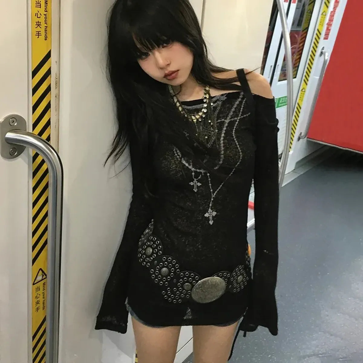 Japanese Knitted Grunge Tattoo Print Long Sleeve T-shirt