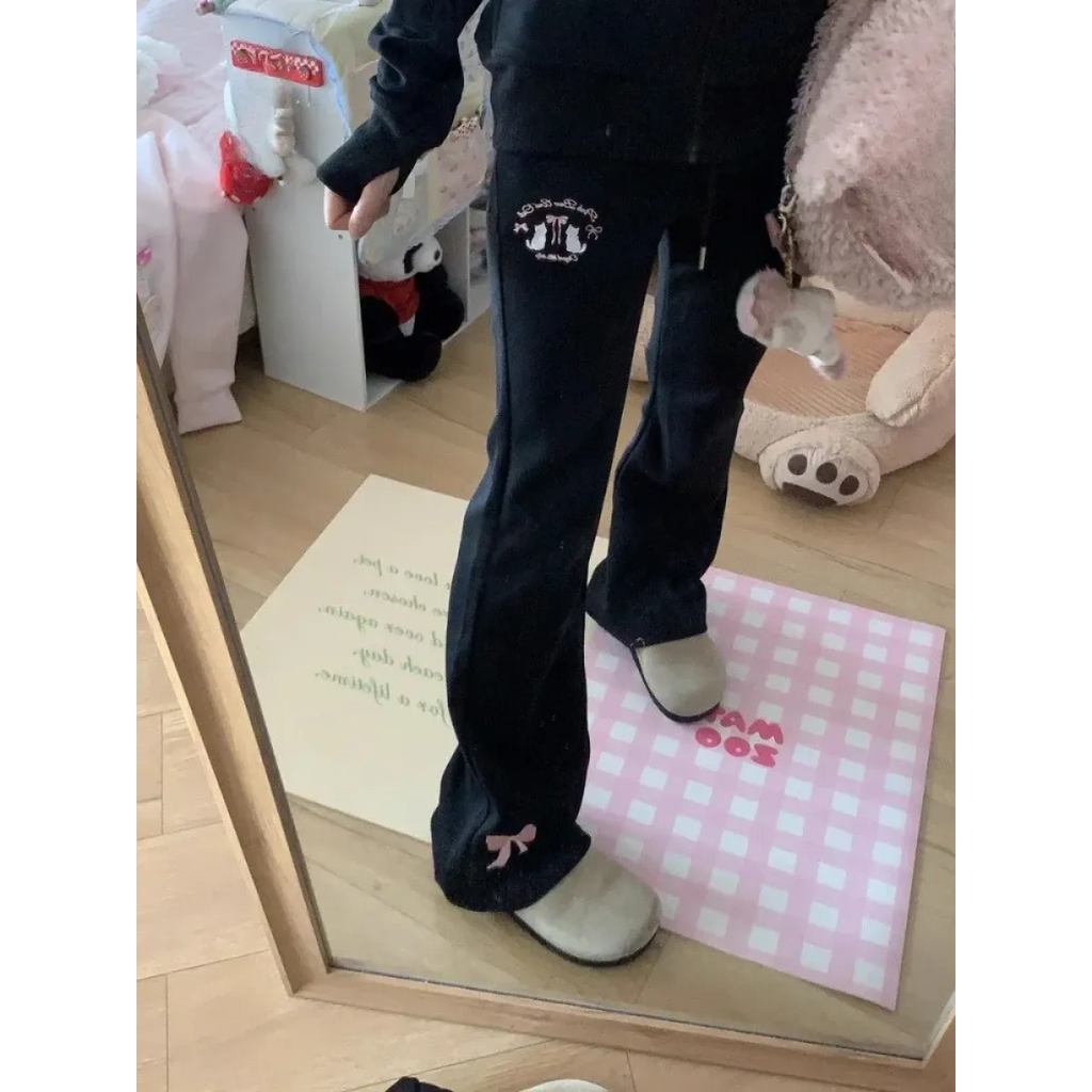 Flare Sweatpants – Kawaii High Waist Embroidered Trousers