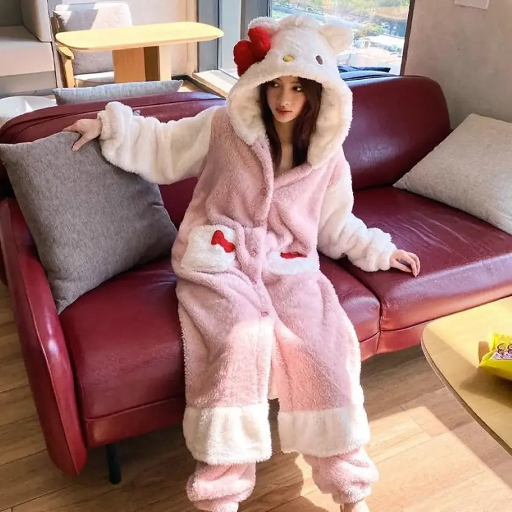 Hello Kitty Kawaii Bow Furry Pajamas - Sweet Long Anime Plush Loungewear