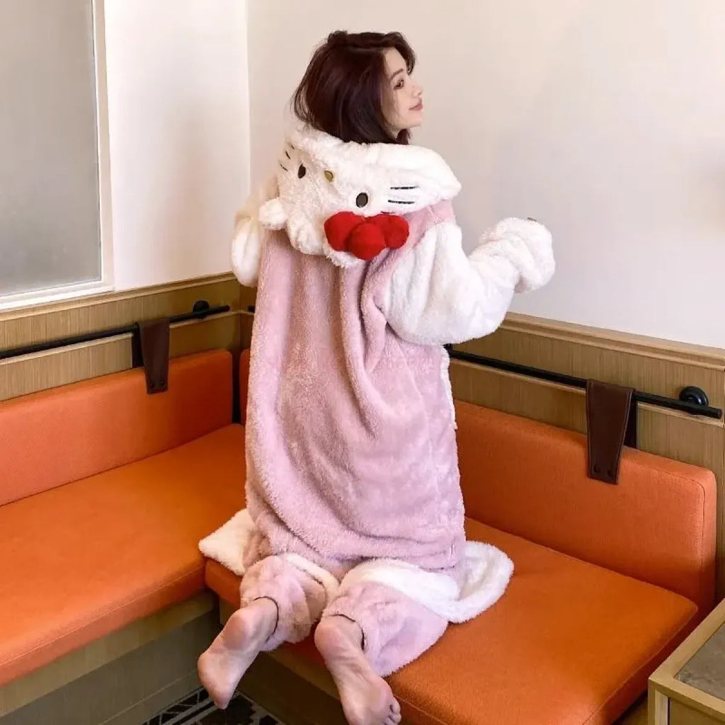 Hello Kitty Kawaii Bow Furry Pajamas - Sweet Long Anime Plush Loungewear