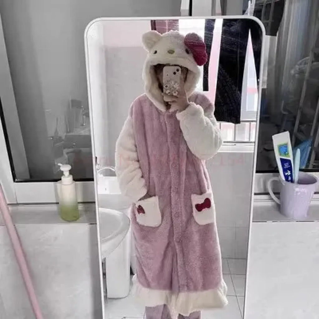 Hello Kitty Kawaii Bow Furry Pajamas - Sweet Long Anime Plush Loungewear