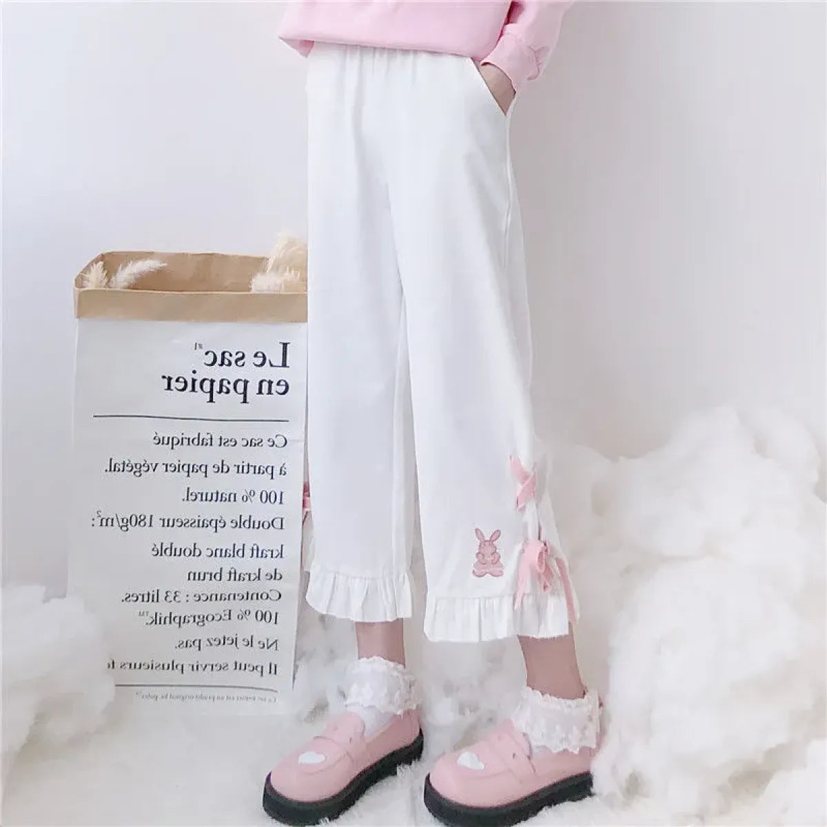 Korean Black Bunny Print Wide Leg Pants