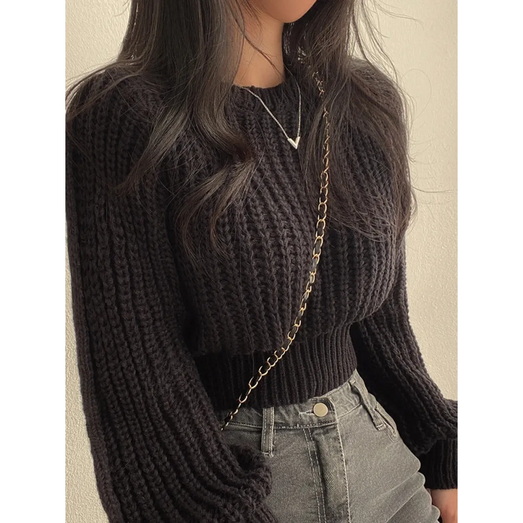 Lantern Long Sleeve Sweater - Vintage Korean Chic Fashion