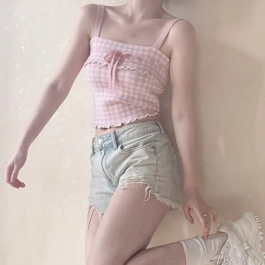 Pink Sweet Plaid Ribbon Crop Top
