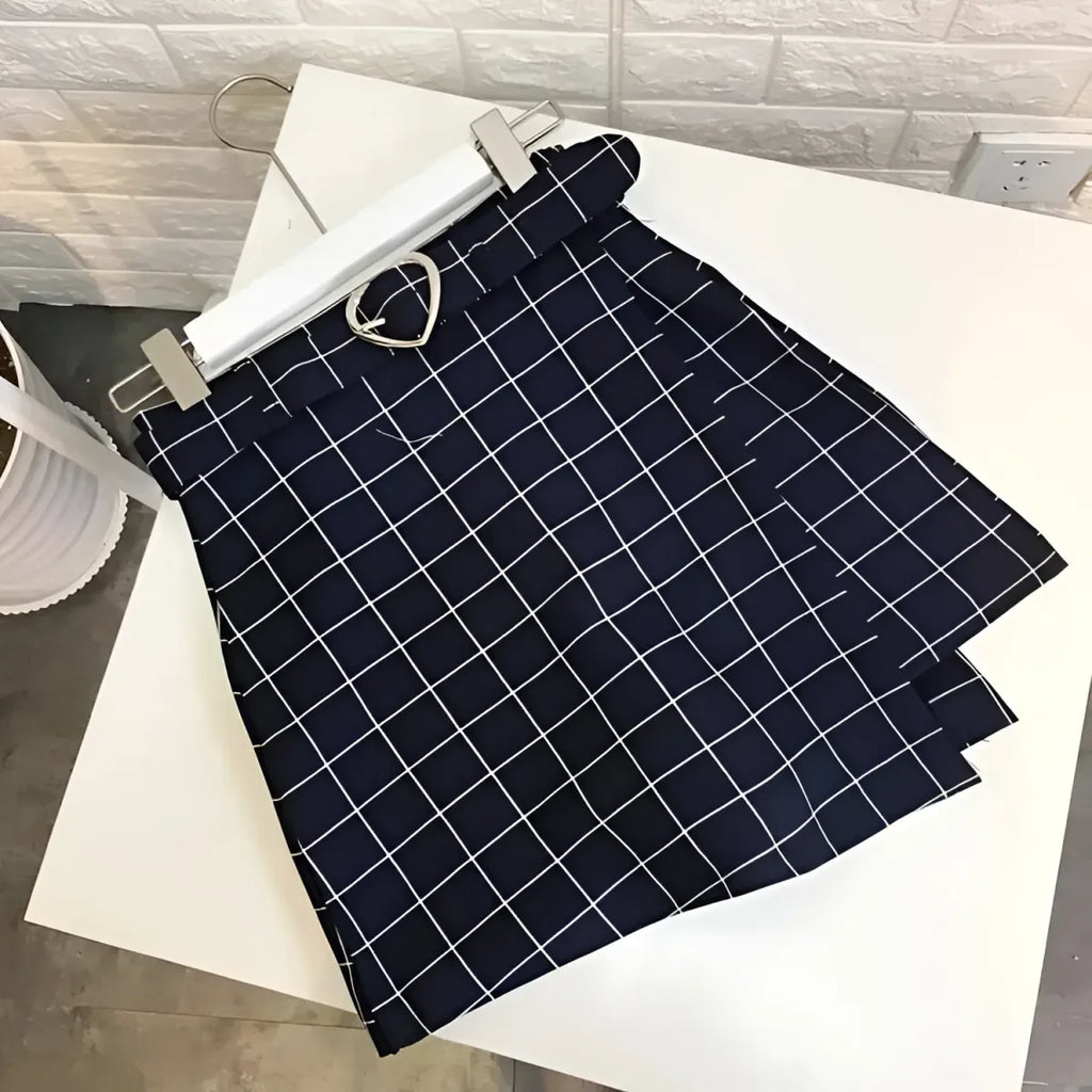 Plaid A-Line Mini Skirt with Heart Buckle