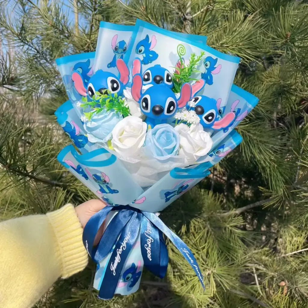 Kawaii Stitch Plush Bouquet – Blue Cartoon Action Figure Gift Set