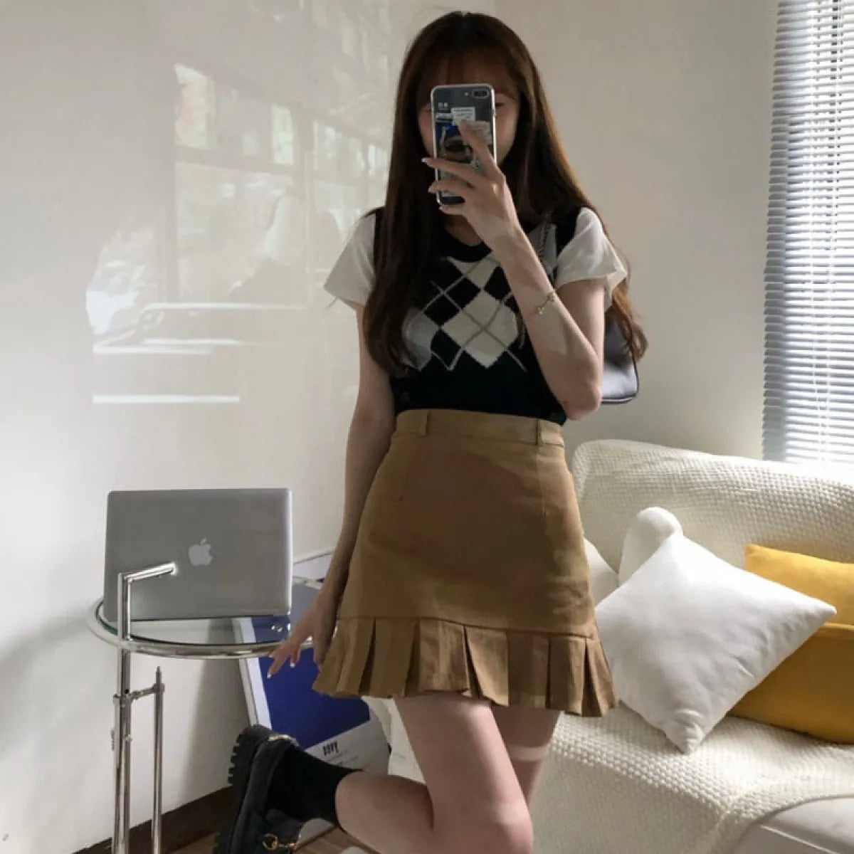 Preppy Style Solid A-line Skirt