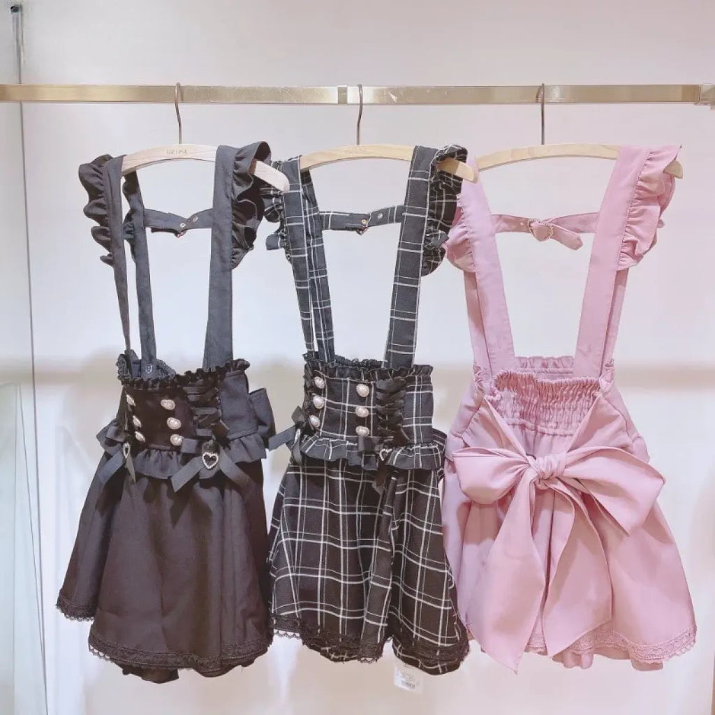 Gothic Lolita Suspender Skirt – Lace Trim Bowknot A-Line Mini