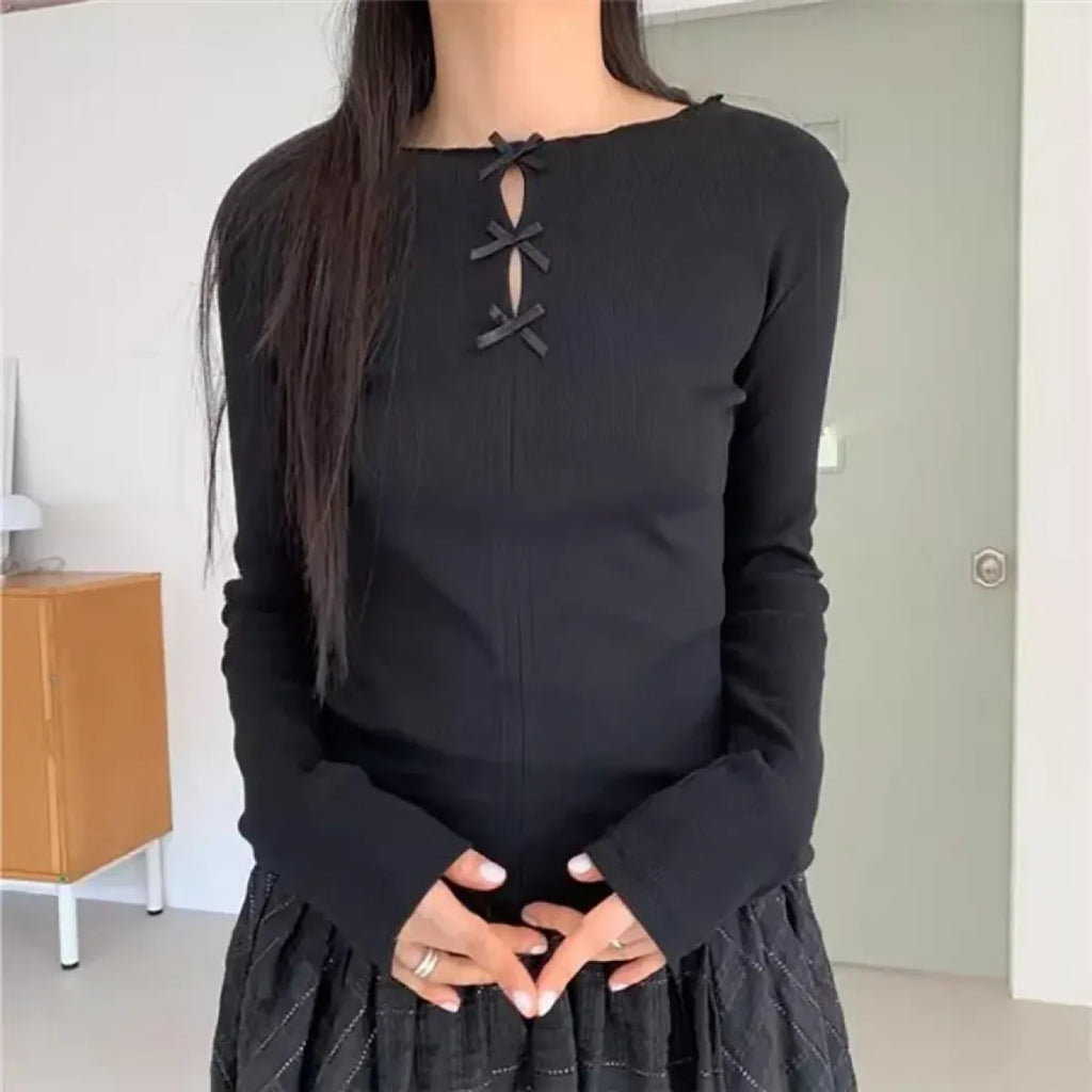 Ribbed Bow Tie Knit Top – Y2K E-Girl Slim Fit Long Sleeve Tee