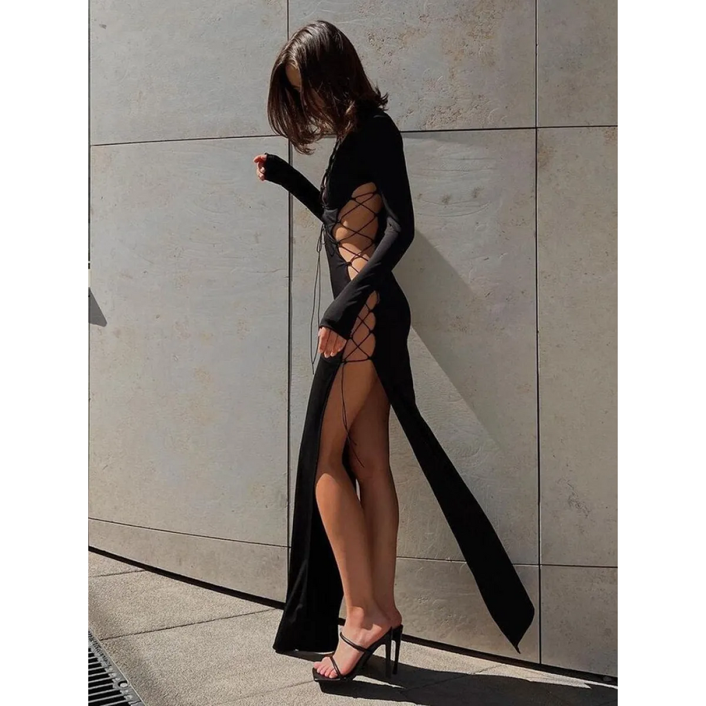 Sexy Lace Up Long Sleeve Dress