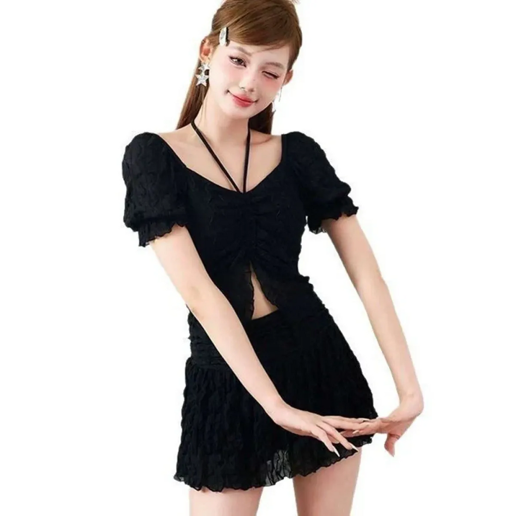 Ruffle Sleeve Bikini Set – Lace Trim Puff Top with Skirt Cover-Up