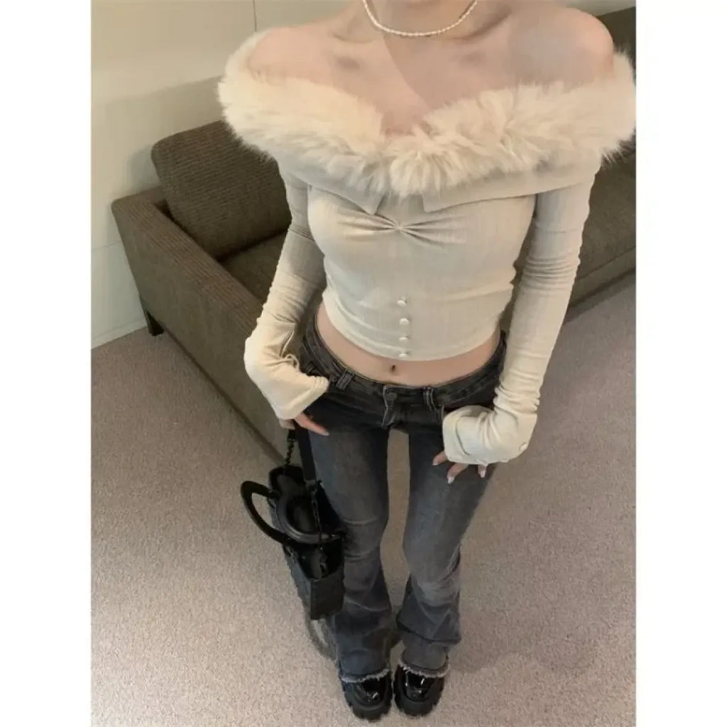 Off Shoulder Plush Trim Top – Y2K E-Girl Slim Fit Autumn Pullover