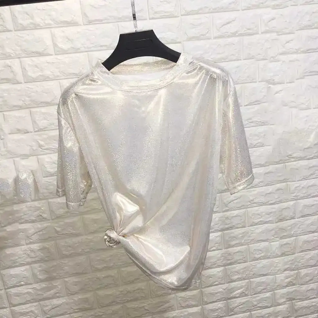 Summer Retro Bright Silk Loose Short Sleeve Top