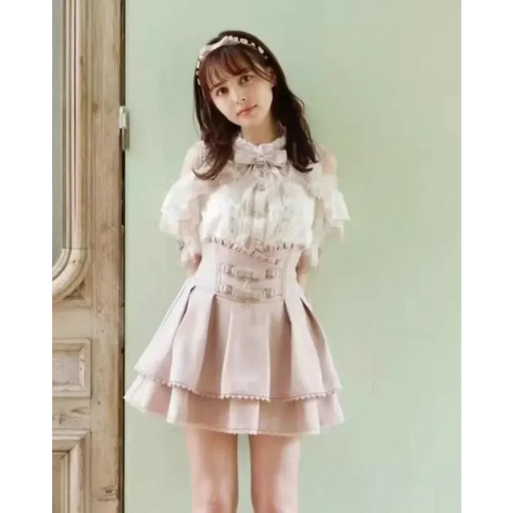 Harajuku Sweet Pink Bow Skirt – Ruched Slim Waist Faux Leather