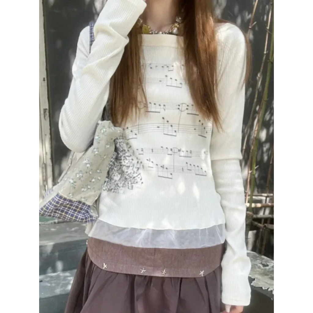 Y2K Aesthetic Long Sleeve Crop Top – Lace Grunge Print T-Shirt