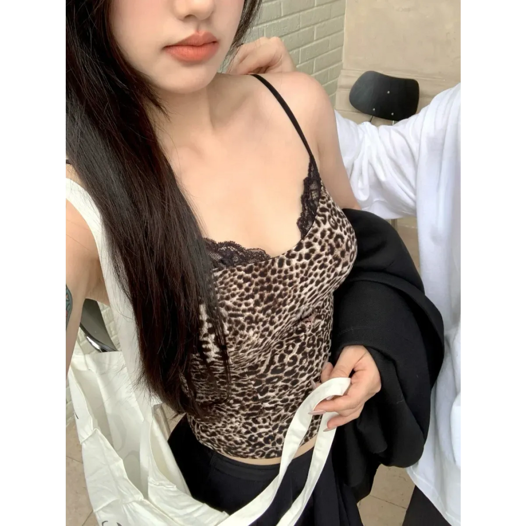 Leopard Print Lace Trim Cami – Y2K Aesthetic Vintage Tank Top