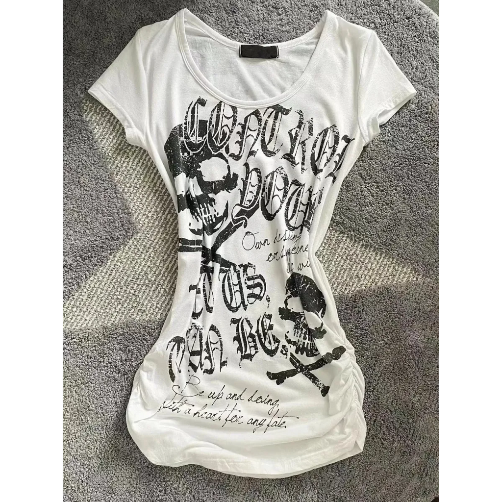 Y2K Gothic Punk T-Shirt – Skeleton Print Slim Fit Tee