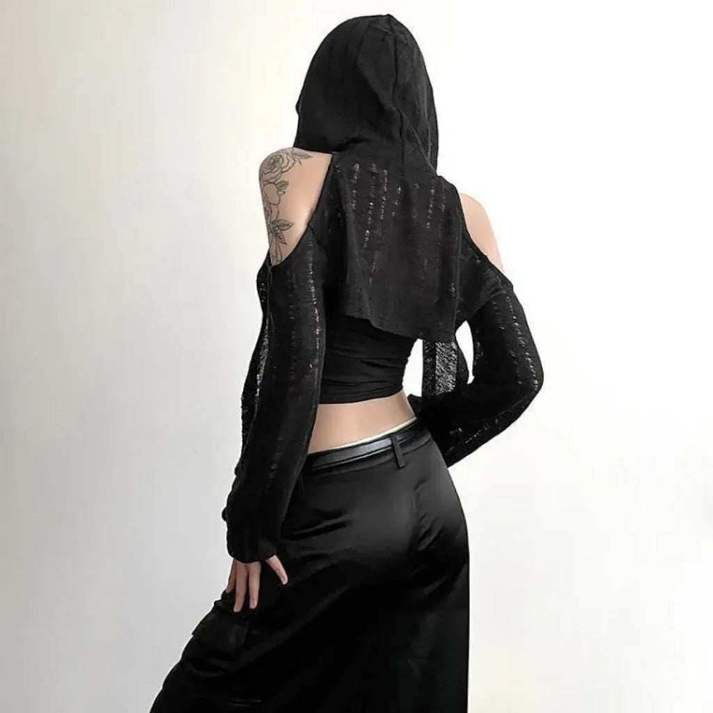 Y2K Grunge Black Hollow Out Hoodie – Slim Fit Long Sleeve Tee