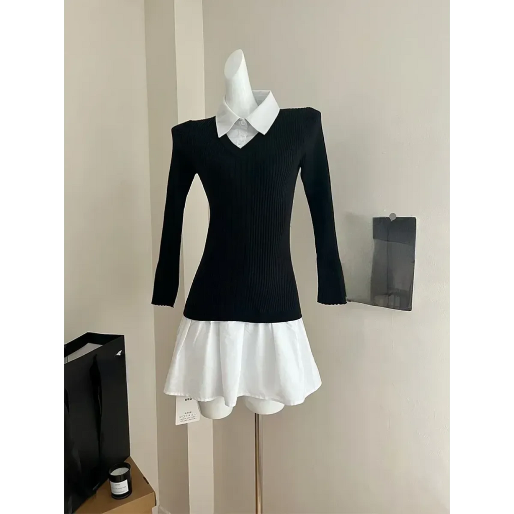 Preppy Knitted Mini Dress – Y2K Gyaru Fake Two-Piece
