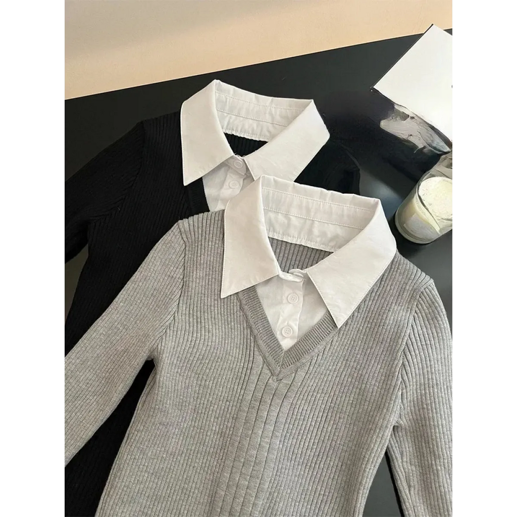 Preppy Knitted Mini Dress – Y2K Gyaru Fake Two-Piece