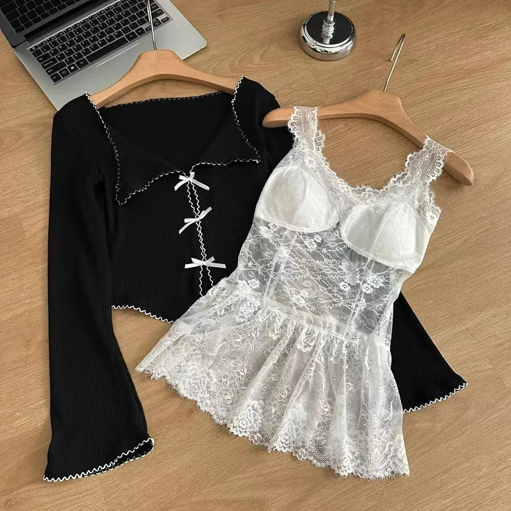 Lace Trim Bow Top – Y2K Harajuku 90s Aesthetic Long Sleeve