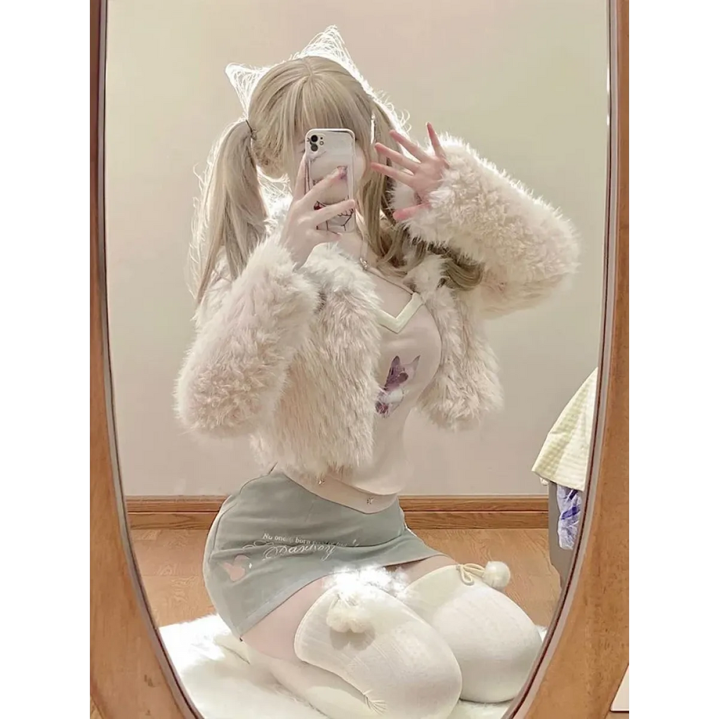 Kawaii Faux Fur Coat & Mini Skirt Set – Y2K Harajuku Outfit