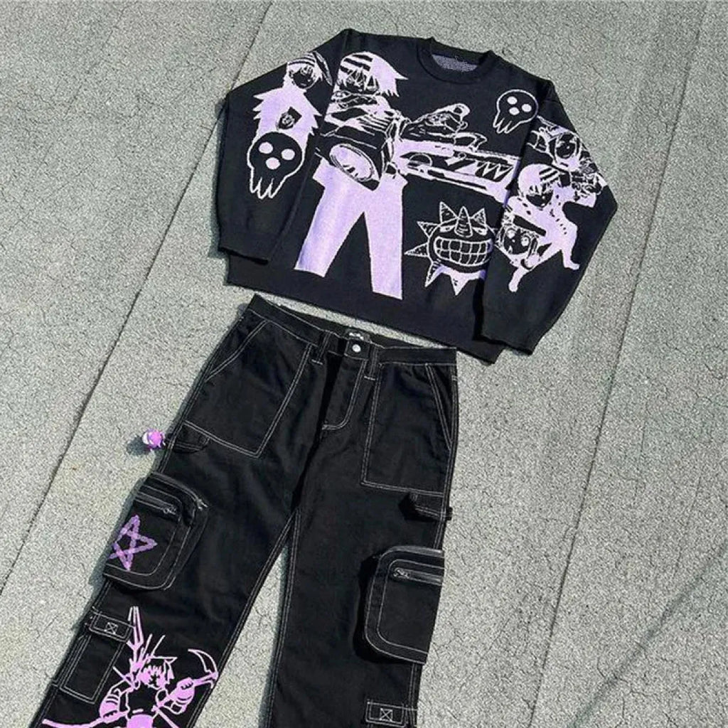 Harajuku Fashion Couple Sweaters - Y2K Retro Gothic Round Neck Tops