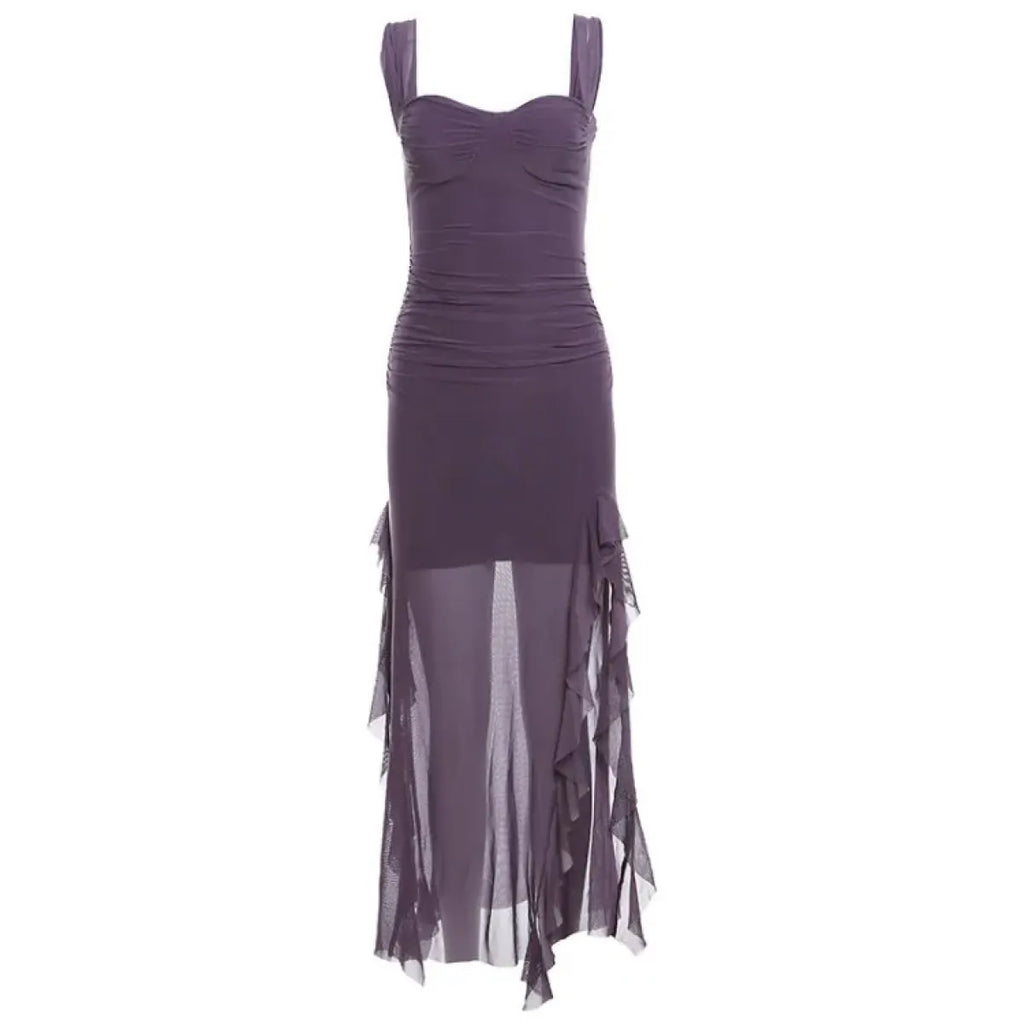 Sheer Mesh Ruffle Dress – Y2K Slim Fit High Slit Aesthetic